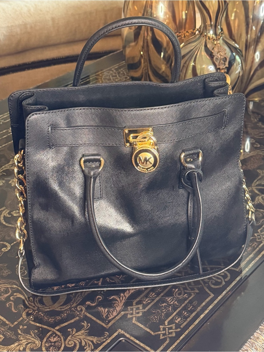 Michael Kors Black Leather Satchel with Gold MK Lock